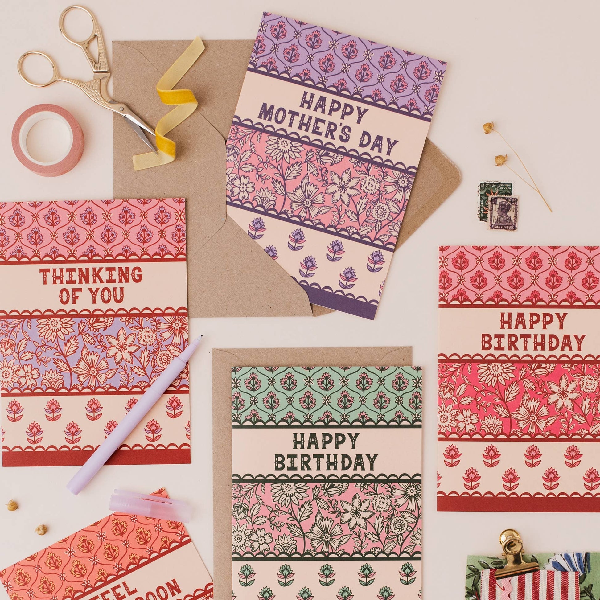 Pink and lilac stripe floral greeting card