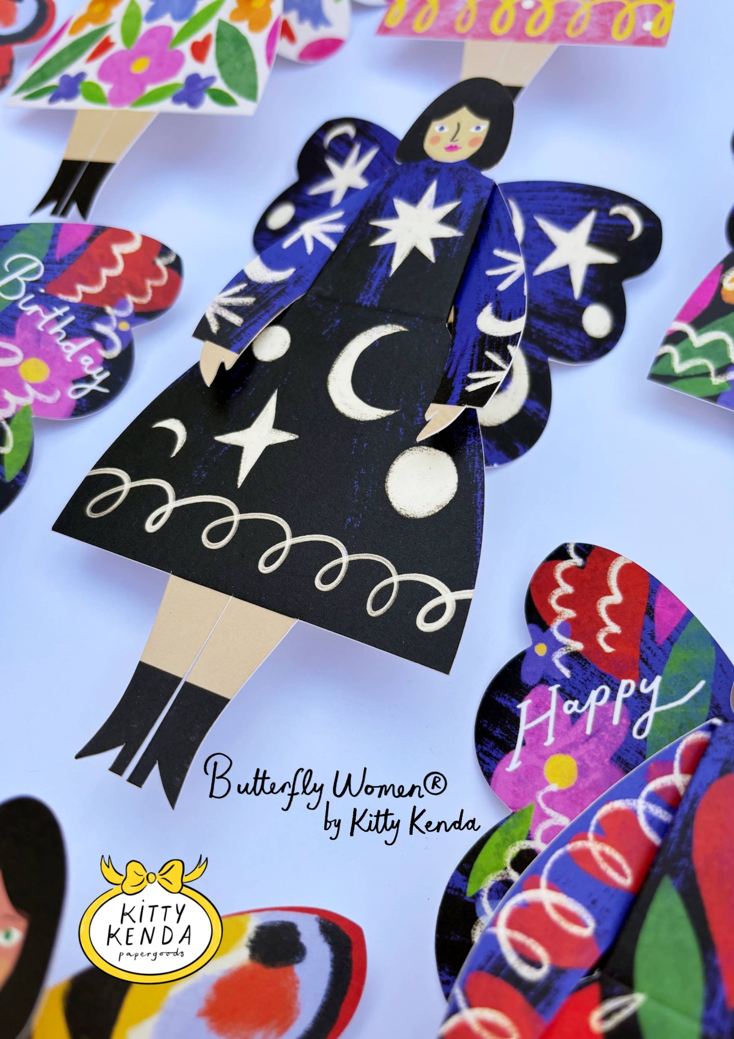Butterfly Woman Sitting Greeting Card in Cosmic design, 3D foldable, Kitty Kenda Papergoods, UK-made