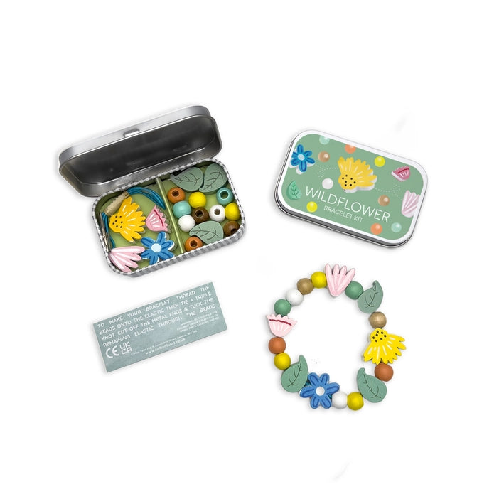 A beautiful gift tin containing elastic and beads to create this wildflower bracelet. The elastic comes with metal ends to aid the beading process for young children. The kit is presented in a rectangular tin