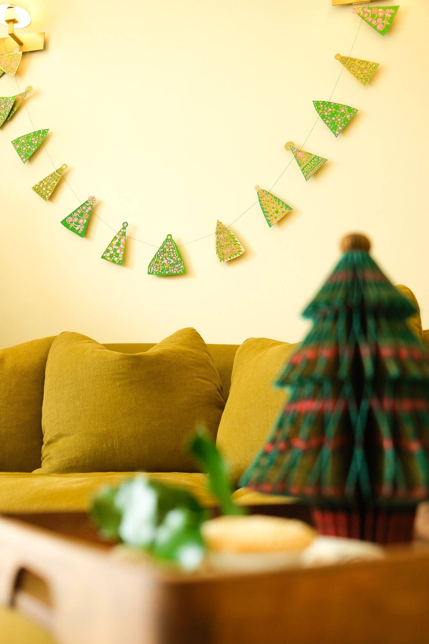 Hand-printed recycled material garland for Christmas