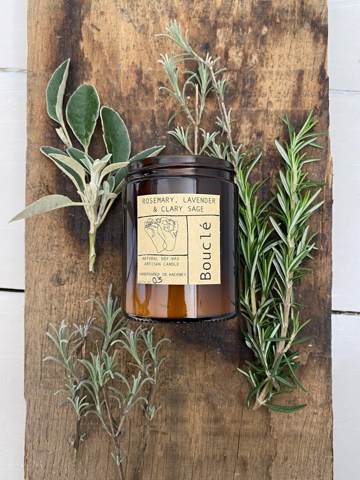Rosemary, Lavender & Clary Sage Essential Oil Candle in amber glass jar