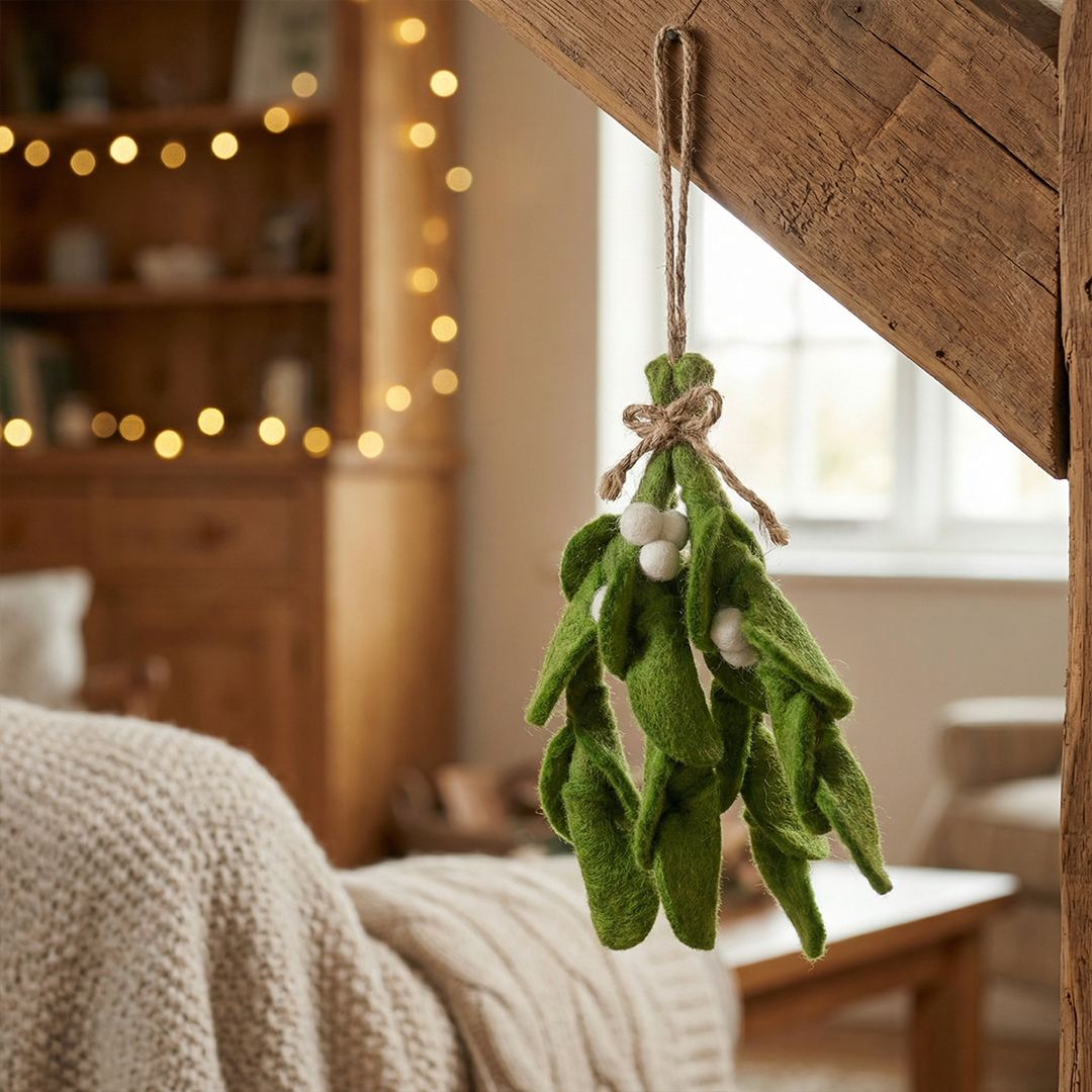 Eco-friendly handmade wool felt mistletoe hanging ornament