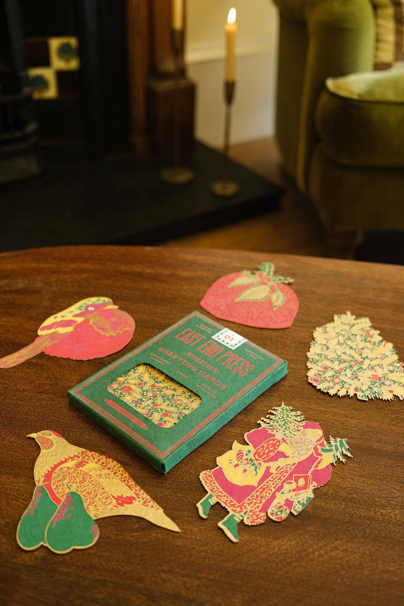 Full pack of East End Press screen-printed Christmas cards with matching illustrated envelopes.