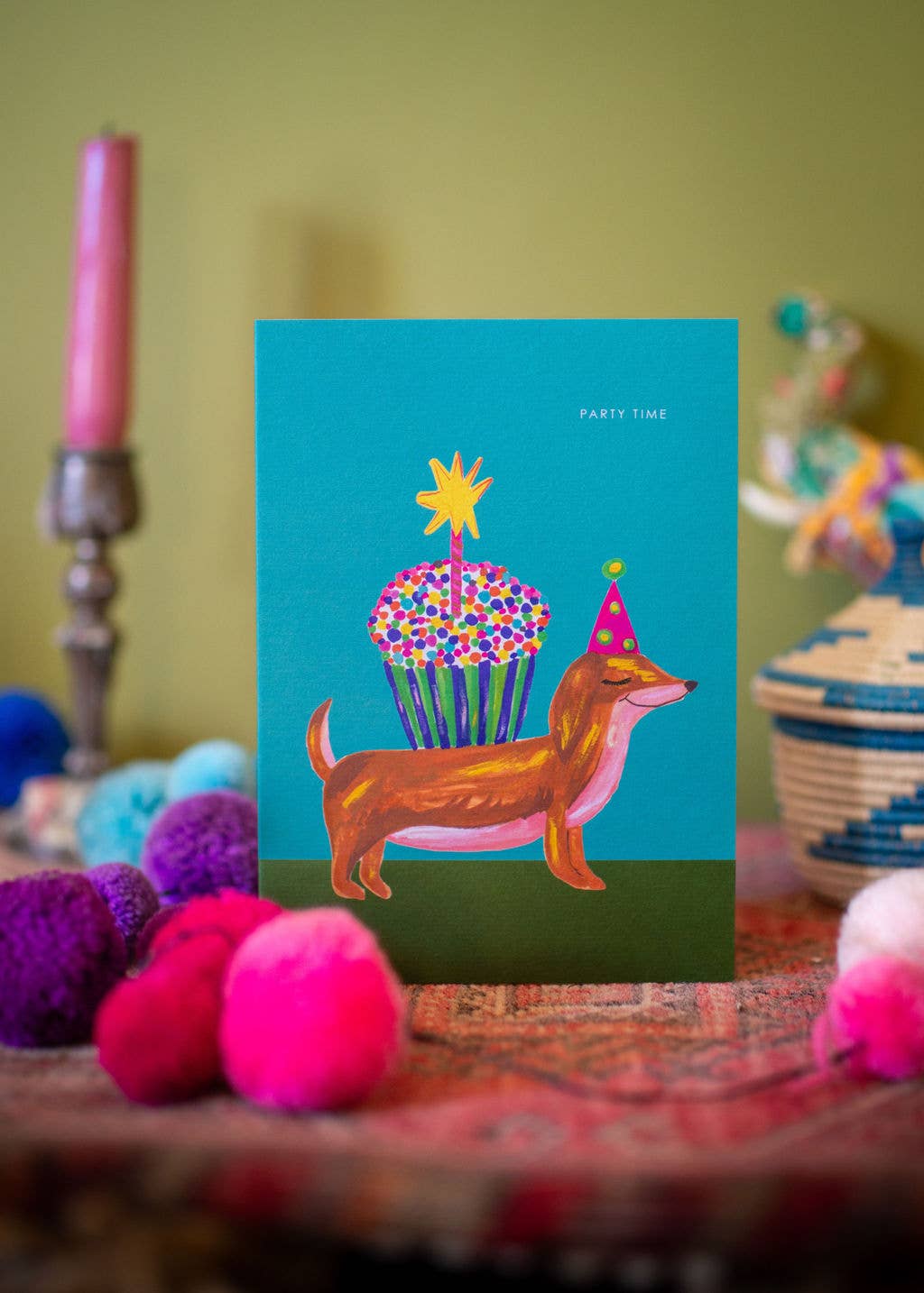 Our illustrated happy sausage dog and cake design is full of happy and joyful vibes, making it the perfect choice for a magical celebration, with wording 'PARTY TIME'.