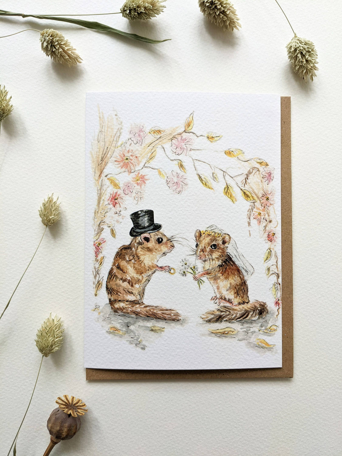 Watercolour wedding card with kraft envelope