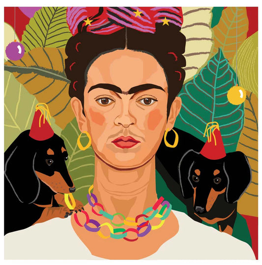 Frida Christmas Greetings Card is a festive look at Frida Kahlo with her party loving dachshund chums.