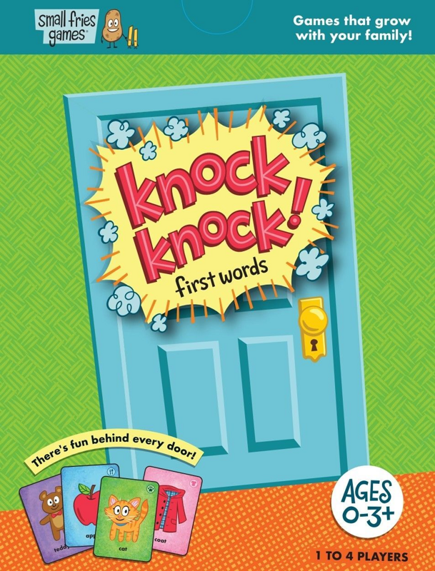 Knock Knock! First Words game box and colourful cards, featuring illustrations by Parker Jacobs, for babies and toddlers