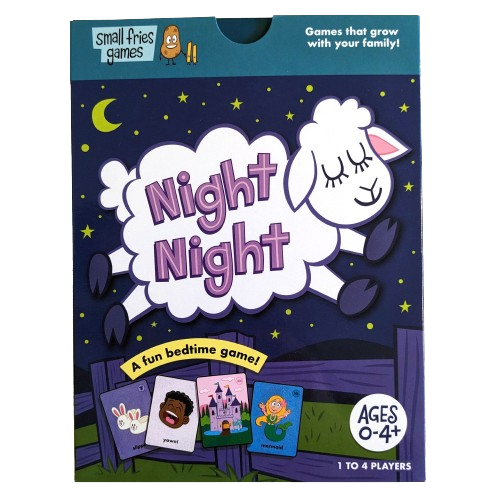 Night Night bedtime game box and game cards, illustrating a parent and child playing together