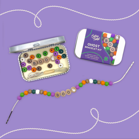 Cotton Twist Halloween Ghost Bracelet Kit with sustainably certified wooden beads and eco-friendly metal tin