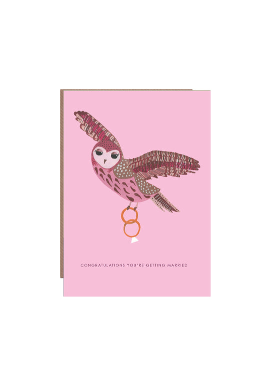 Owl and Rings engagement greetings card with gold foil details