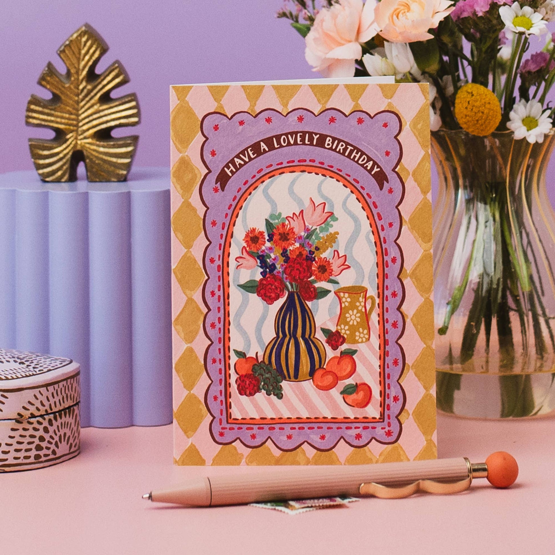 A6 maximalist birthday card with colourful fruit and flowers