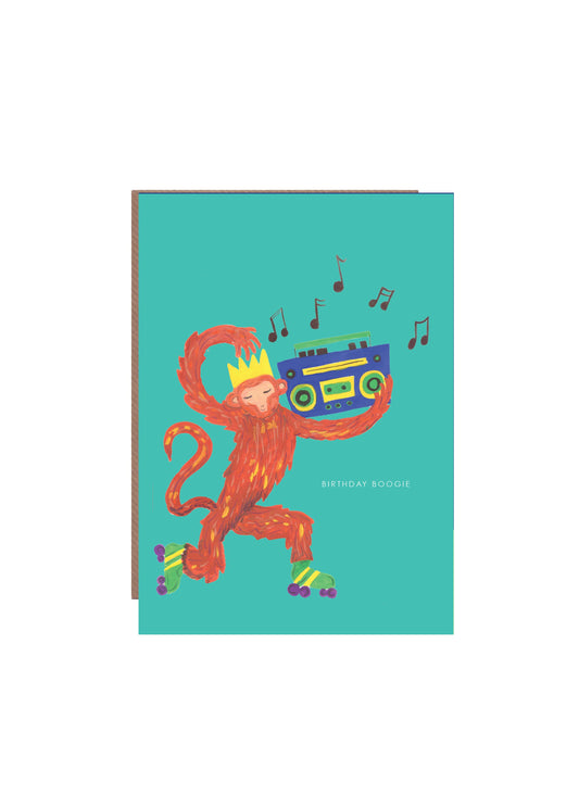 Hand-illustrated musical monkey on roller skates, “BIRTHDAY BOOGIE” text, 5x7” birthday card, UK made, with recycled kraft envelope, sustainable.