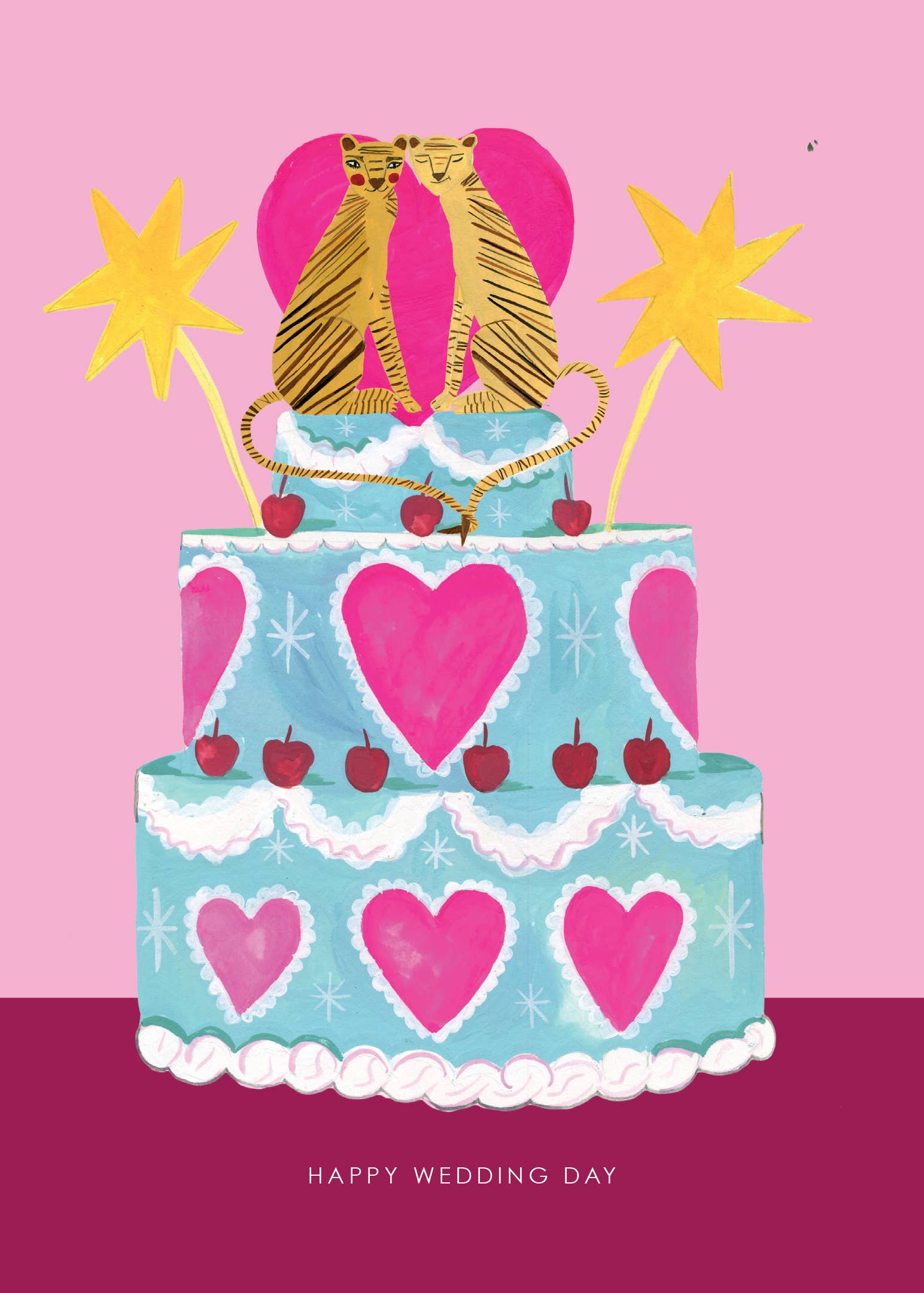 Hand-illustrated 'Tiger Wedding Cake' wedding card, two tigers in love atop cake with hearts and cherries. 5x7”, recycled envelope, UK made, sustainable.