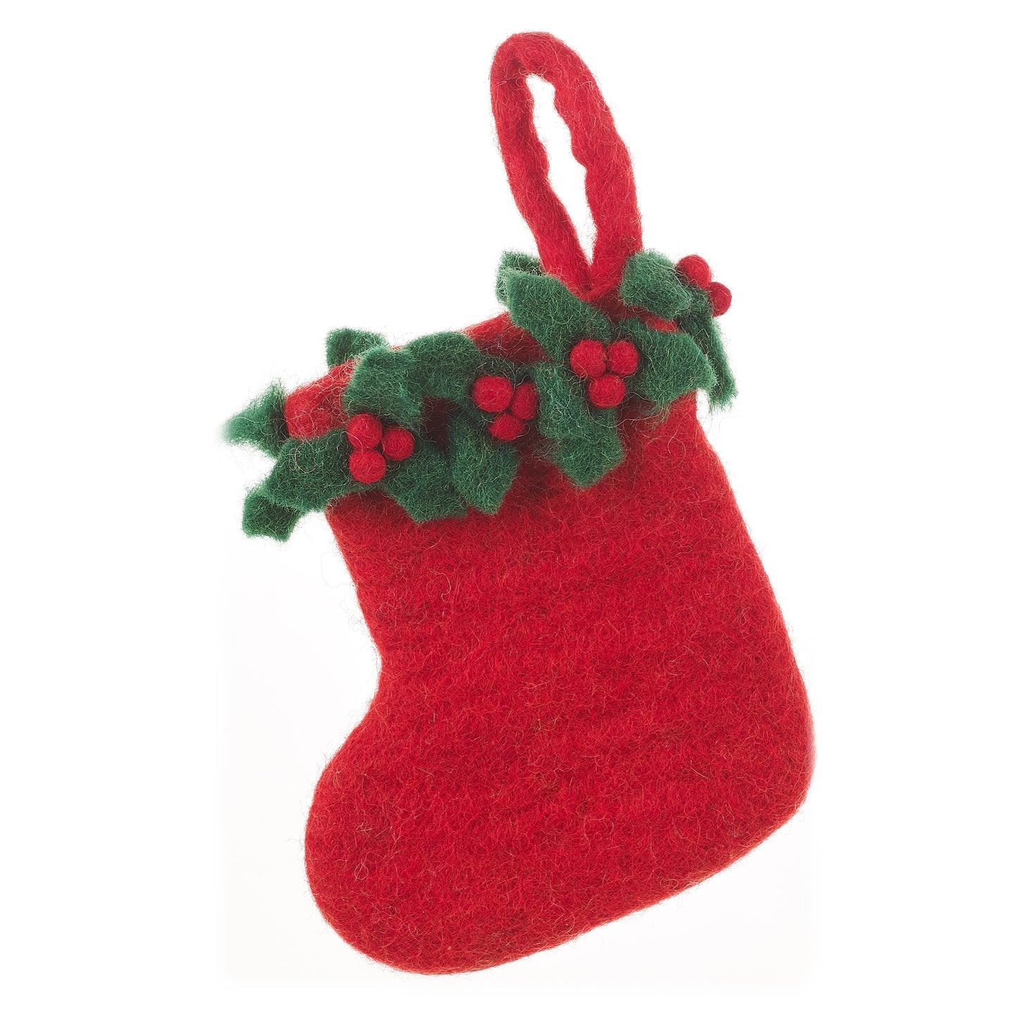 Handmade felt mini Christmas stocking with Holly design