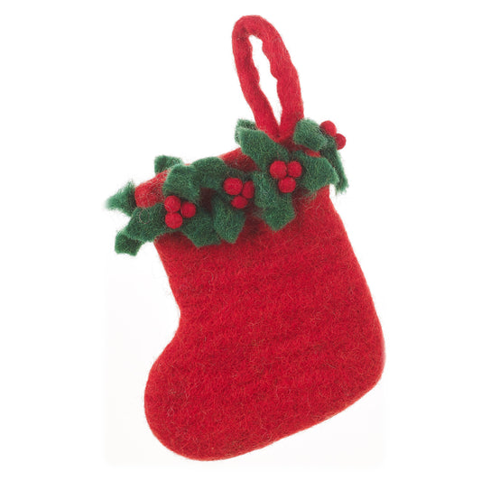 Handmade felt mini Christmas stocking with Holly design