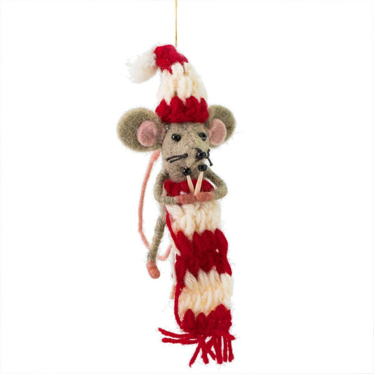 Needles the felt knitting mouse Christmas tree decoration wearing a red and cream striped scarf
