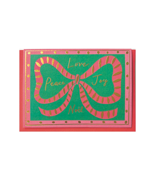 Kitty Kenda Foiled Regency Bow Christmas Card with quirky festive colours, exclusive design, UK-made