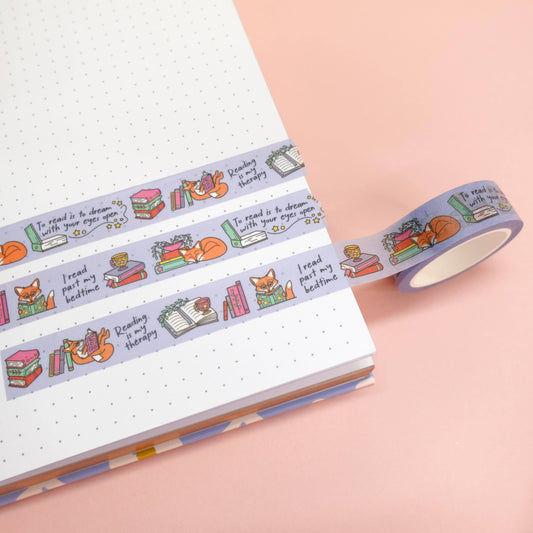 Cosy washi tape with Maple the Fox and bookish illustrations, fun reading quotes, eco-friendly paper packaging—great for planners, crafts, and gifts.