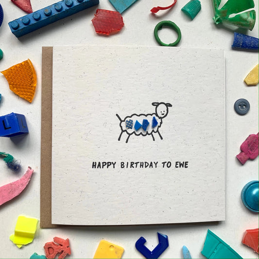 Card with a sheep illustration and 'Happy Birthday to Ewe' text, by Washed Up cards.
