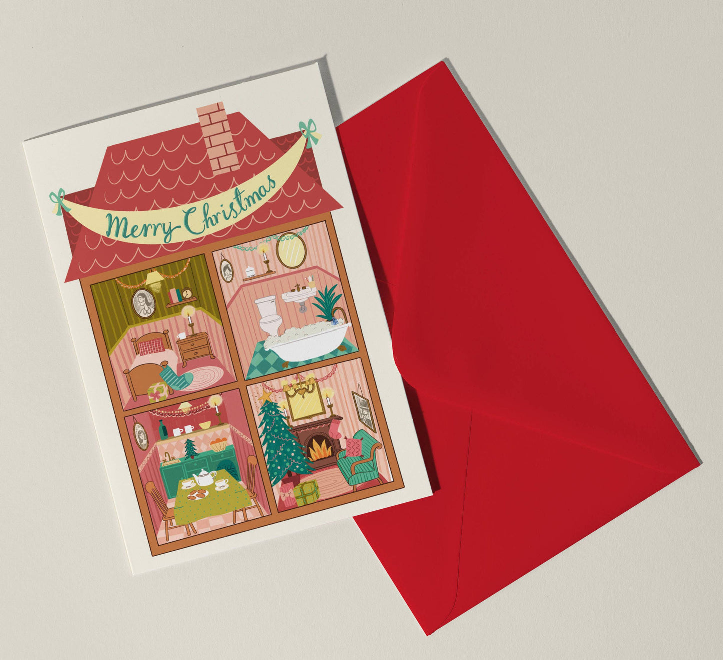 Close up of the whimsical illustrated details on the eco-friendly Christmas card