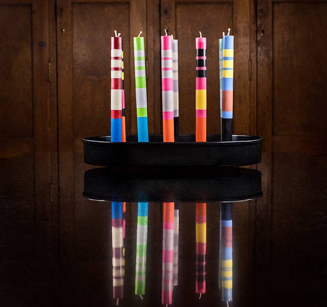 Saxe Blue and Rose Beige striped dinner candle
