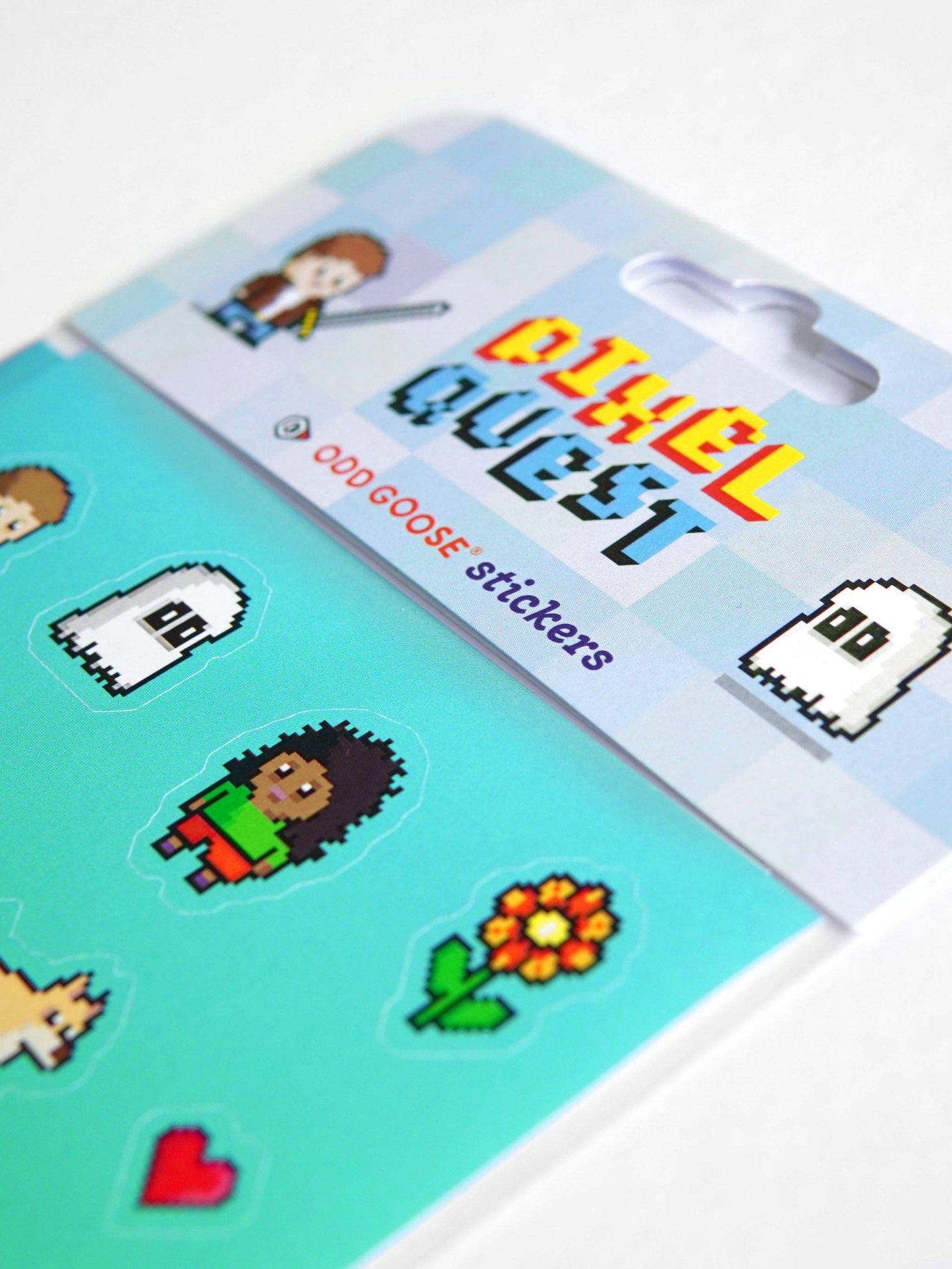 Two sheets of colourful pixel quest stickers for journaling