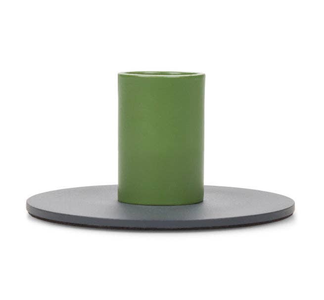 Small two-tone metal candleholder by British Colour Standard, painted mild steel with a glossy finish, 8cm diameter x 4cm height, boxed in kraft packaging.