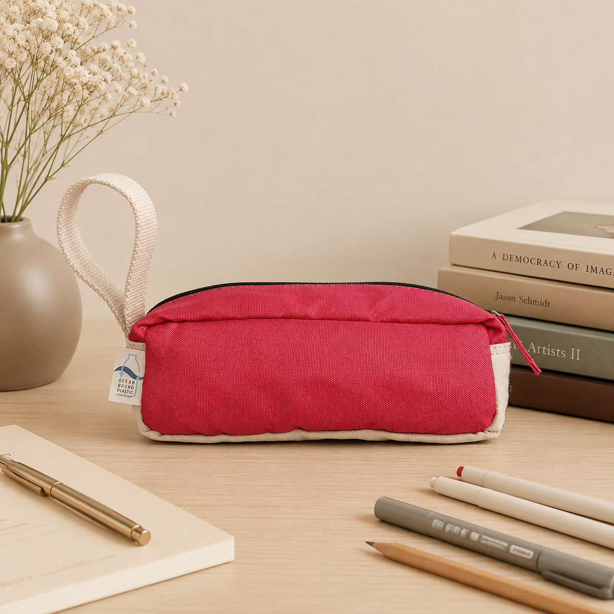 Lined interior view of raspberry pink recycled ocean plastic pencil case
