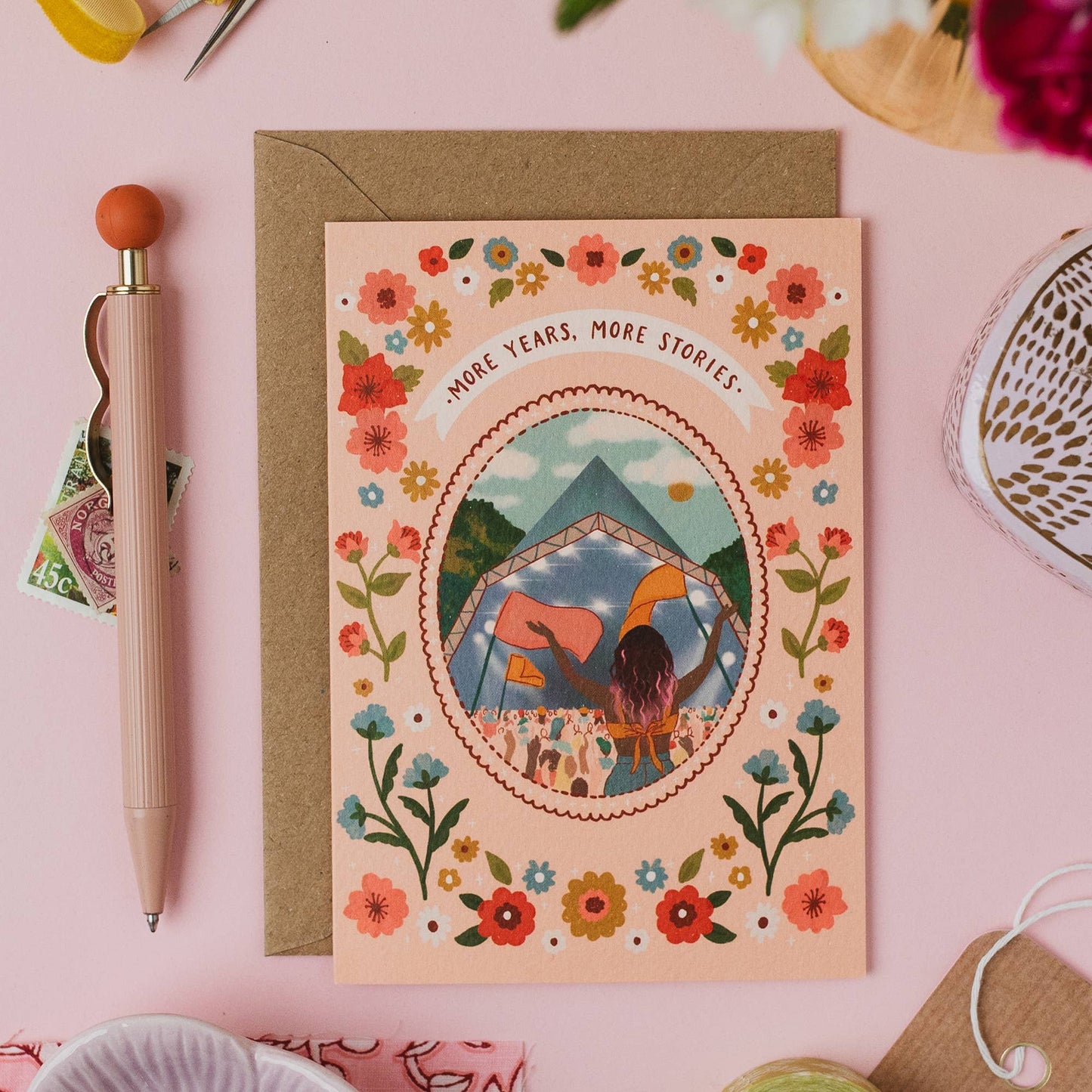 A6 music festival card with brown kraft envelope