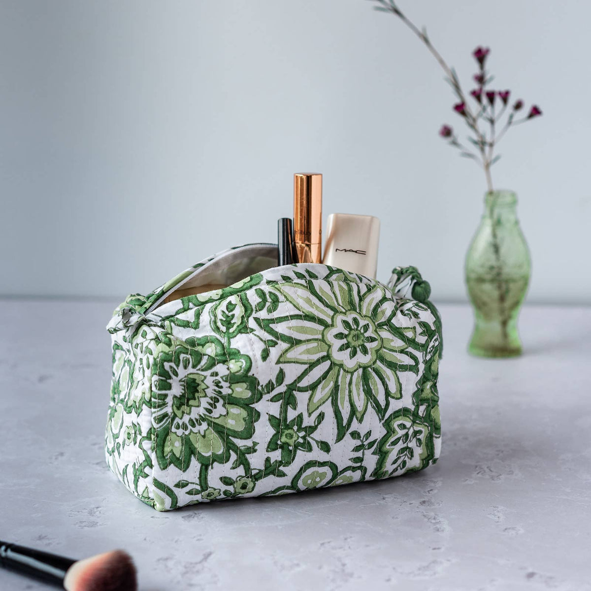 Meadow block printed cosmetic bag with waterproof lining