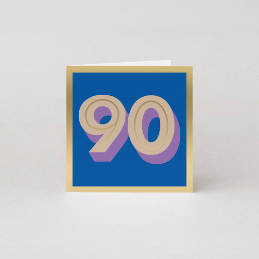 Blue 90th birthday card with elegant gold foil accent, textured design, vegan and plastic-free, ethically sourced, and UK-made for sustainable milestone celebrations.