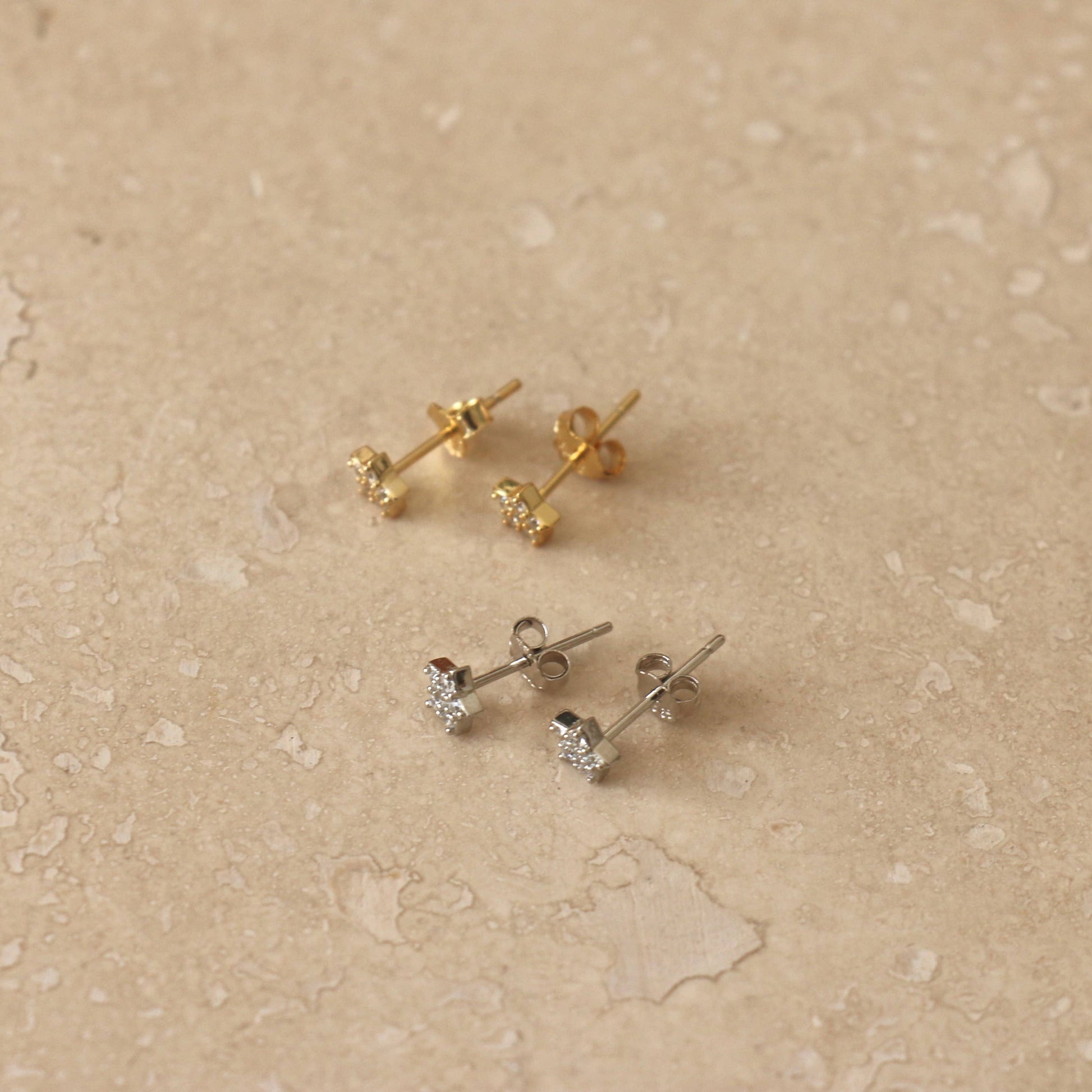 Little Nell mini star stud earrings, gold vermeil and sterling silver, 3mm, hypoallergenic.