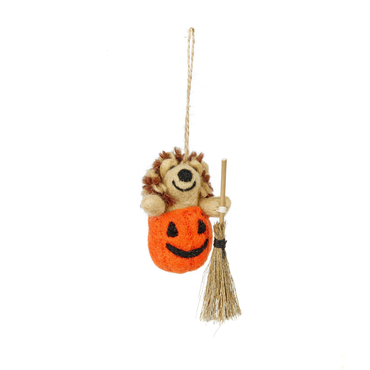 Fair Trade Felt Halloween Hedgehog Decoration with Broom