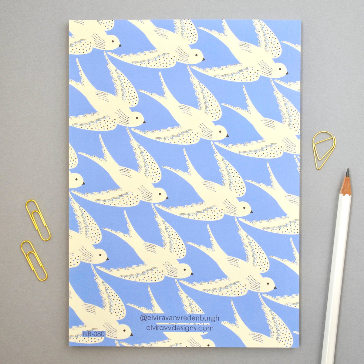 Close-up of the sustainably sourced card cover of the Birds in Blue notebook