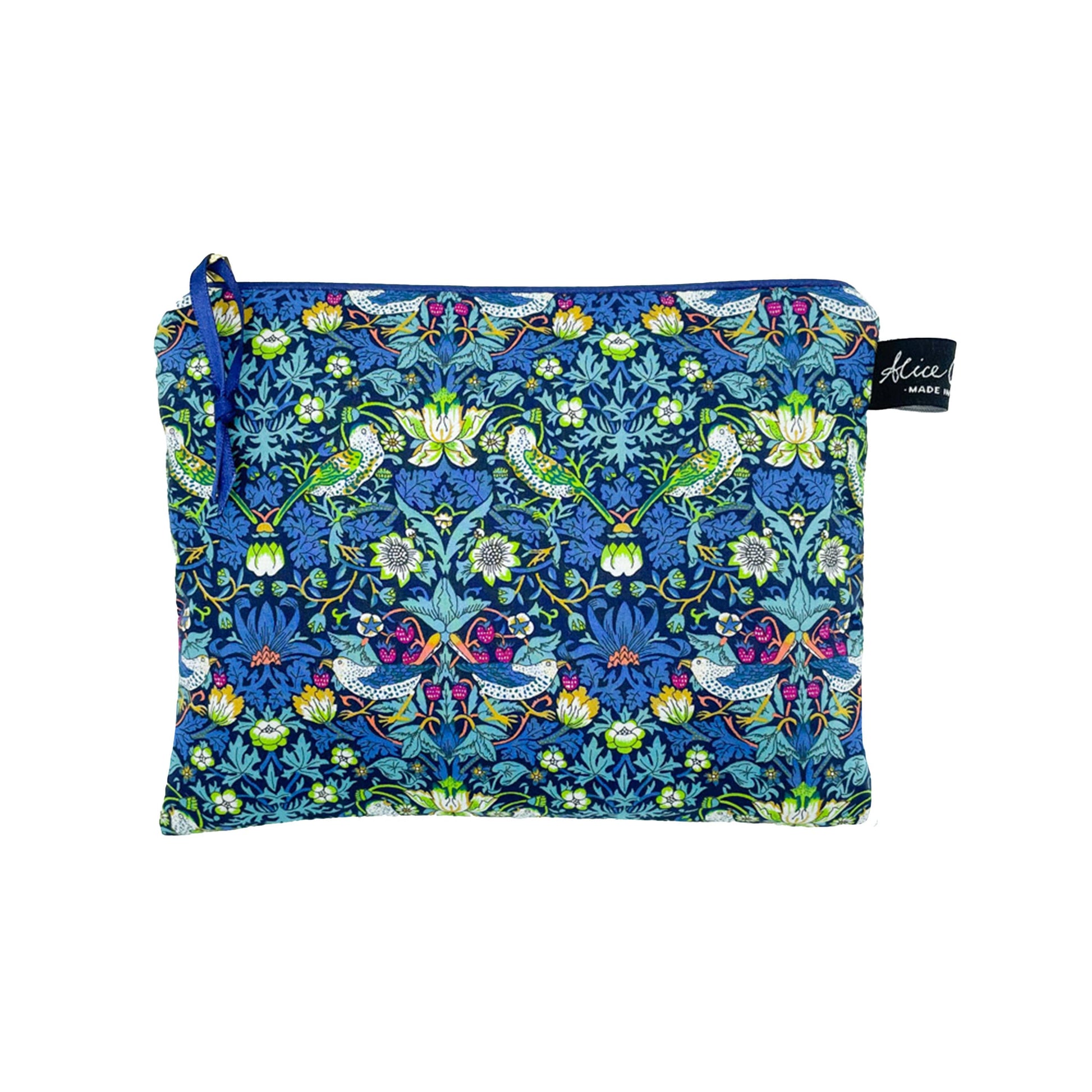 Liberty Travel Pouch padded with Strawberry Thief Tana Lawn cotton fabric featuring songbird design by Alice Caroline