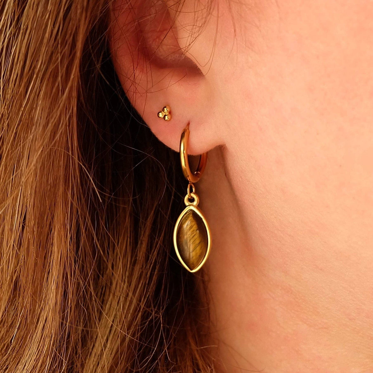 Rose Quartz Gold Dangle Hoop Earrings