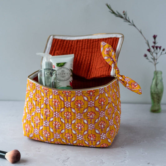 Nectar Petal hand block printed large cosmetic case with floral pattern