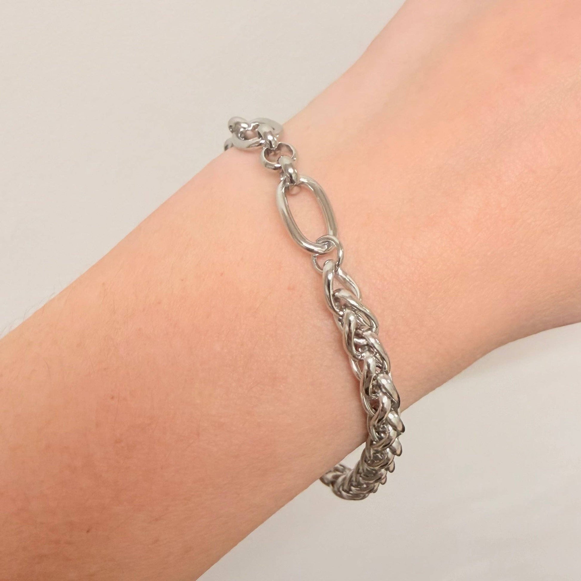 Close up of polished silver plated mixed chain links