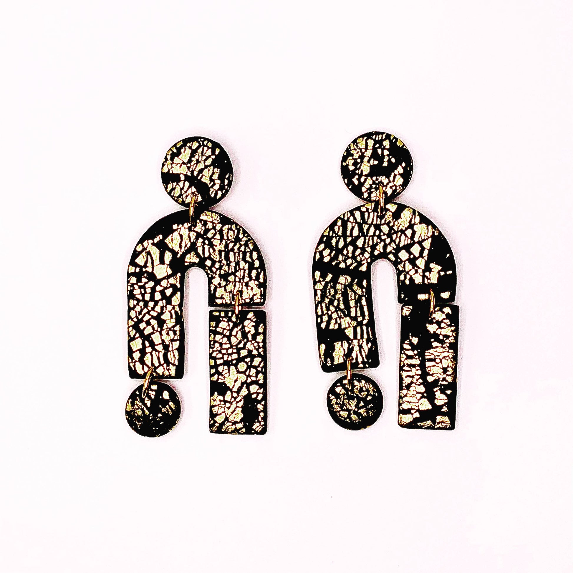 Pair of All that Glitters statement earrings, black polymer clay with gold shimmer, 9cm long, 4cm wide, silver-plated nickel-free hooks.