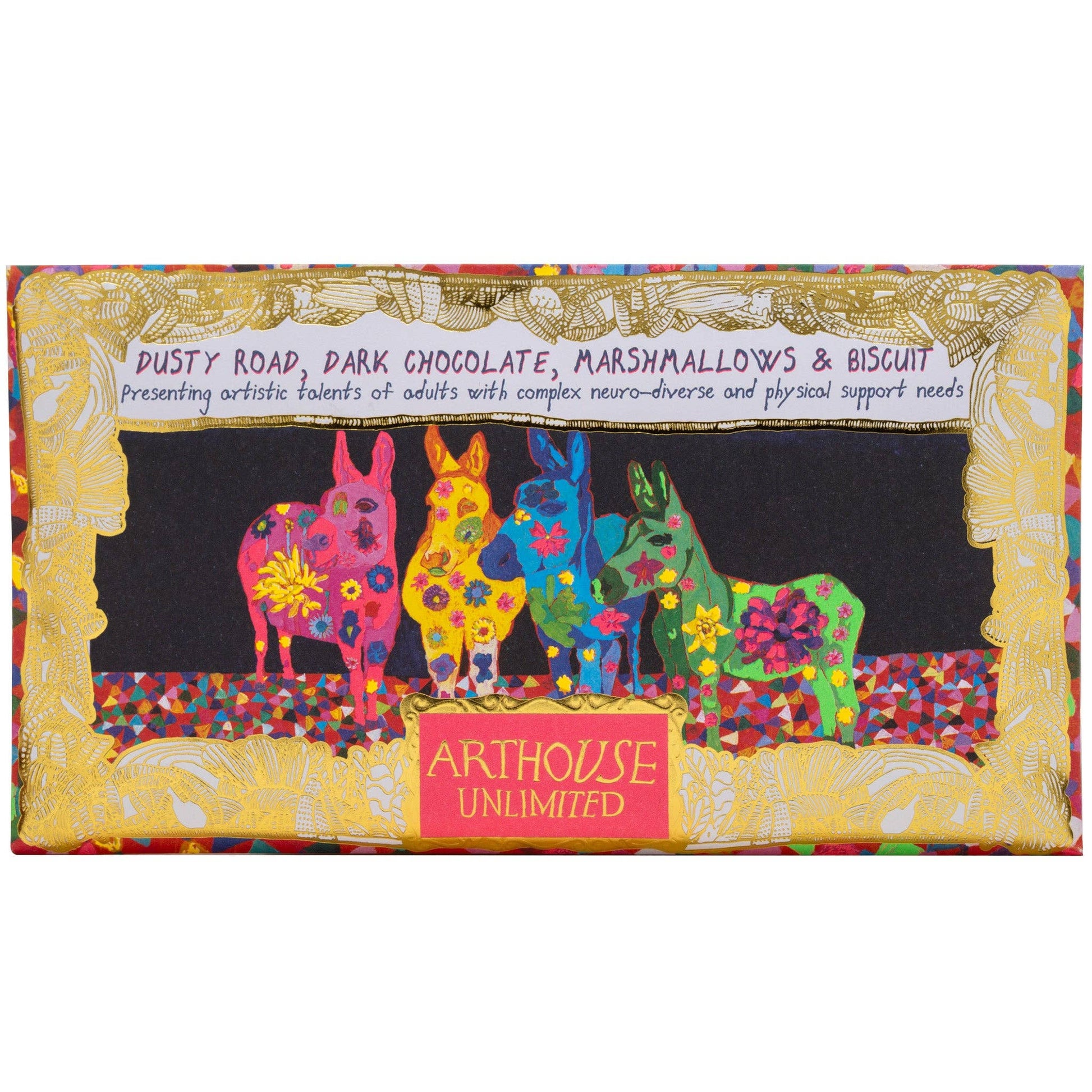 Dusty Road silky dark chocolate bar with marshmallows and biscuit, wrapped in colourful foil featuring Jack Churchyard artwork in a gold frame.
