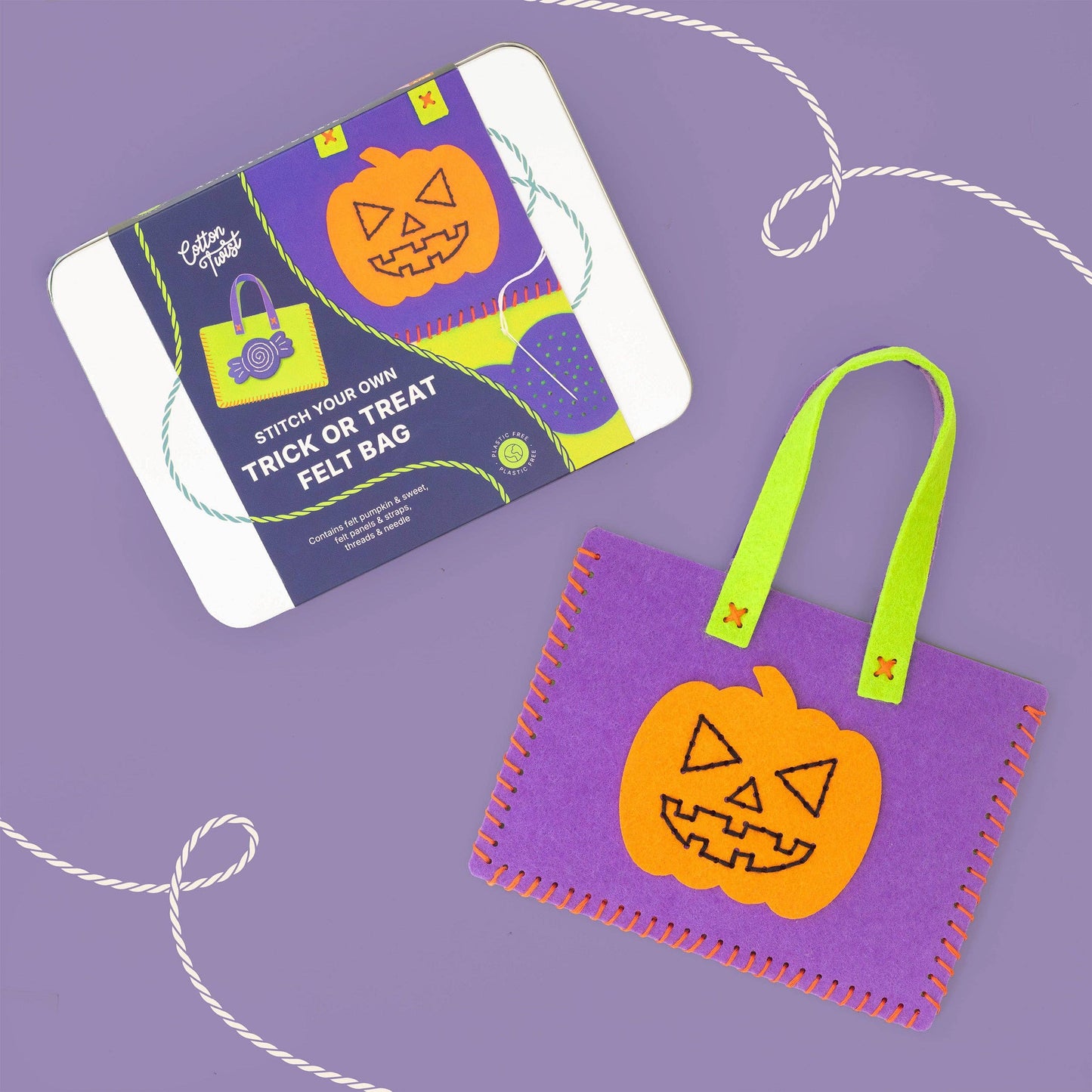 Completed DIY felt Halloween trick or treat bag with pumpkin design