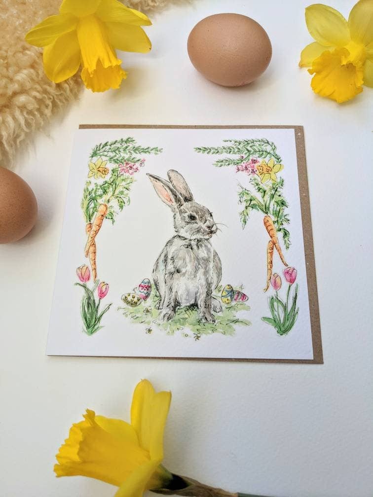 Close up of watercolour bunny illustration on sustainable card
