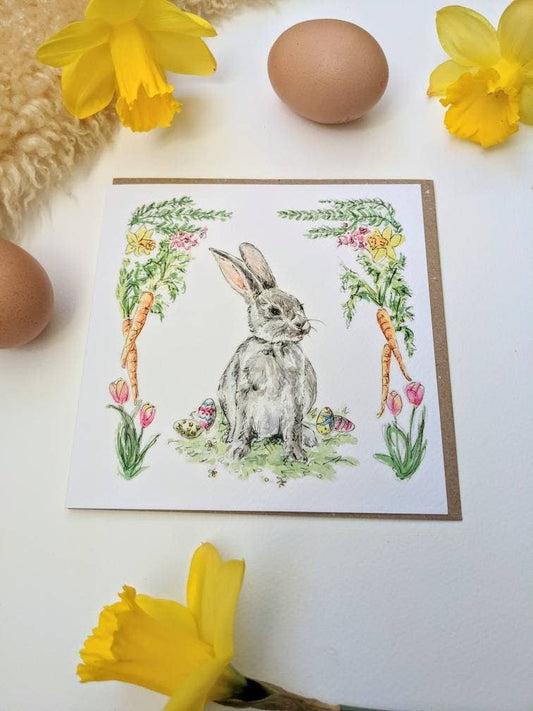 Close up of watercolour bunny illustration on sustainable card