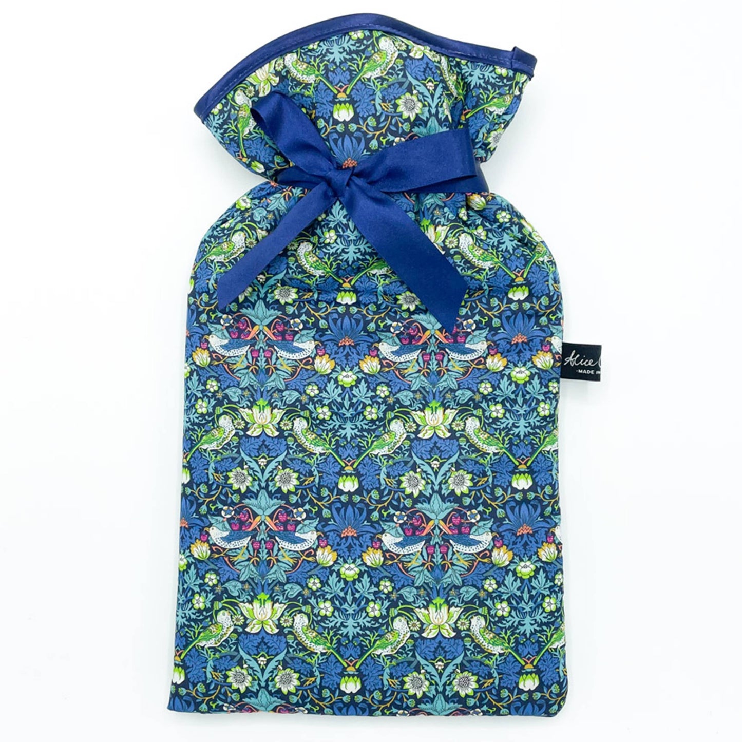 Liberty Strawberry Thief Songbird hot water bottle with padded Tana Lawn cotton cover and navy ribbon