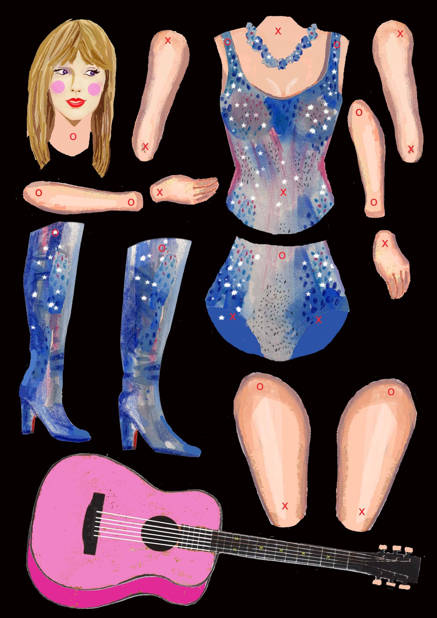 Cut and Make POP IDOL Taylor Swift paper doll kit, 32cm articulated figure made from 385gsm cardstock with mini-split pins, packaged on A4