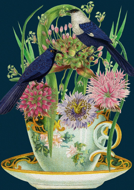 Vintage Porcelain Cup and Birds Birthday Card, design-led vintage collage on sustainably sourced card with recyclable sleeve and ivory envelope, blank inside, 5 x 7 inches