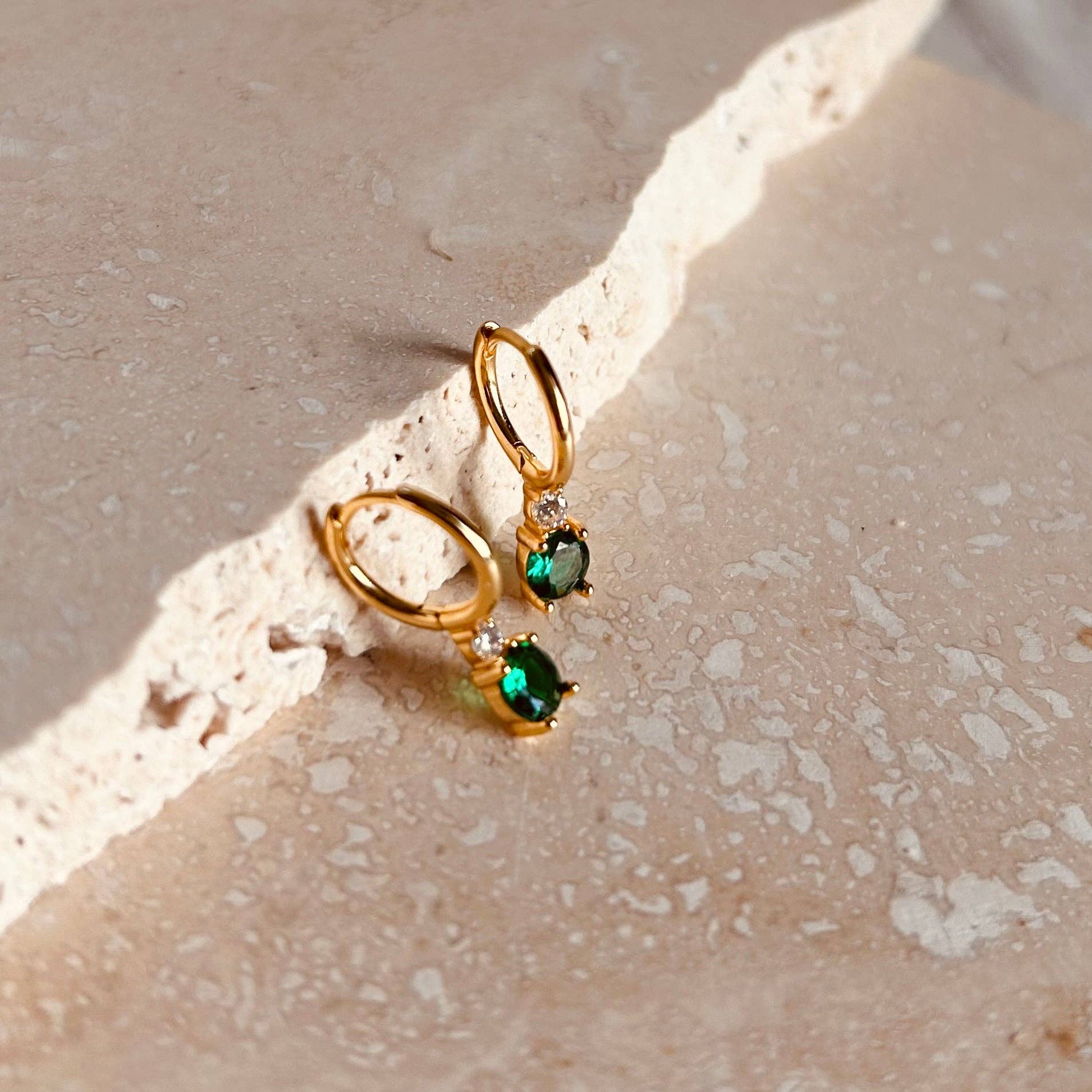 Little Nell gold green diamanté huggie hoops, gold vermeil, sterling silver, 11mm wide, 16mm tall