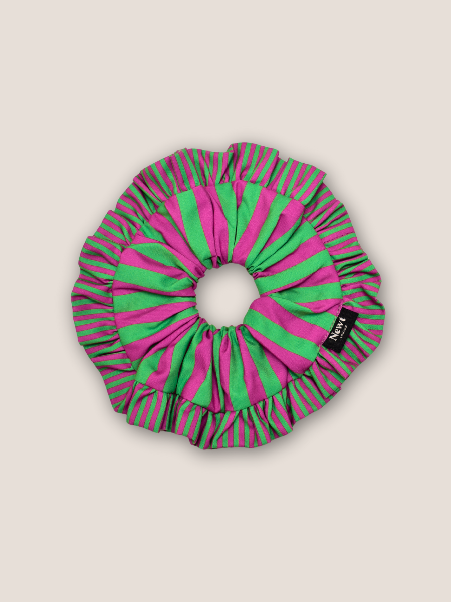 Green and pink striped swirl scrunchie handmade from recycled plastic