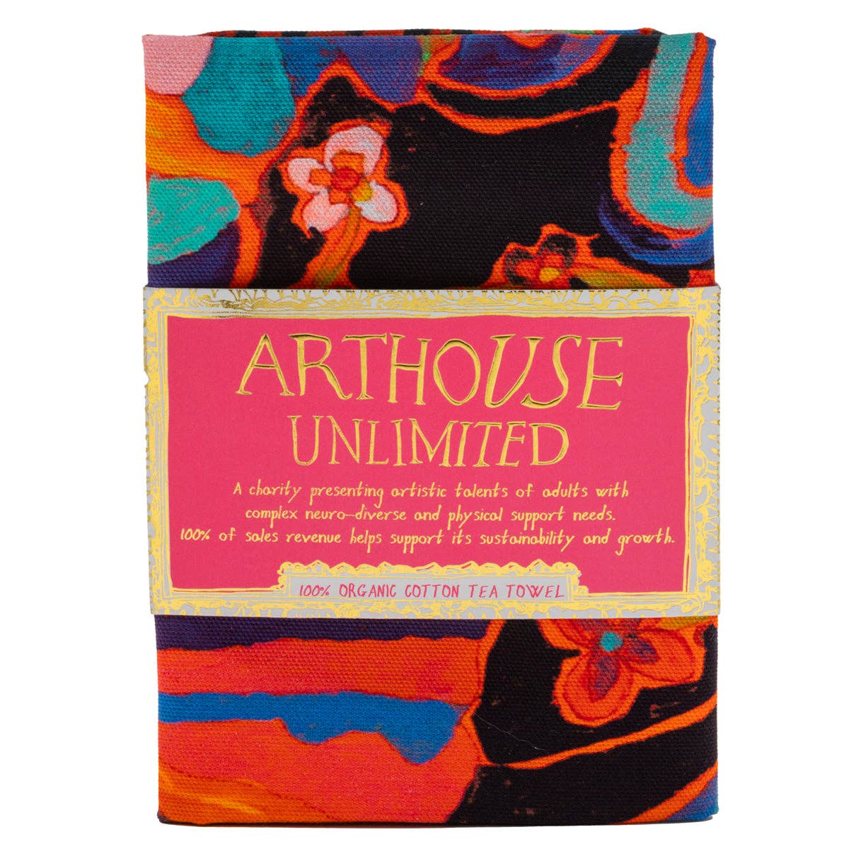 Vibrant Psychedelic Dreams organic cotton tea towel by Arthouse Unlimited, showcasing colourful artwork by Laura Tregellas, perfect for an eco-conscious kitchen.