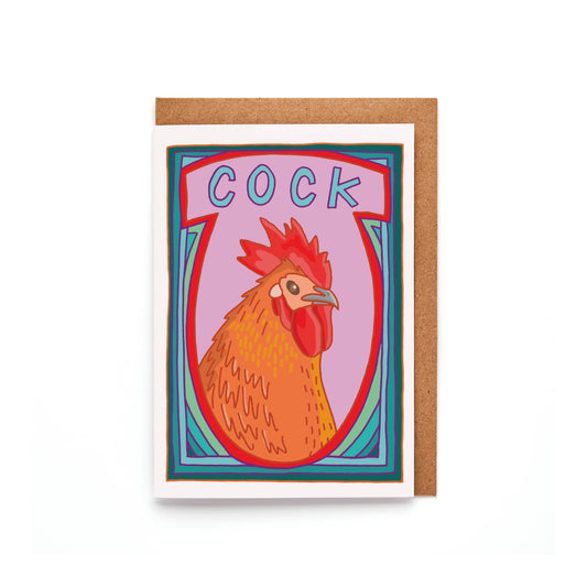 Hand-drawn cocky cockerel greeting card with bold "Cock." front text; mini A7 size, sustainable UK card printed on premium Tintoretto Gesso paper.